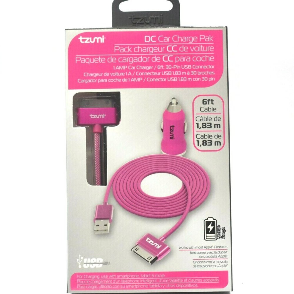 Tzumi DC Car Charge Pak Charger 6ft Mesh 30-Pin USB Connector Pink NEW For Apple